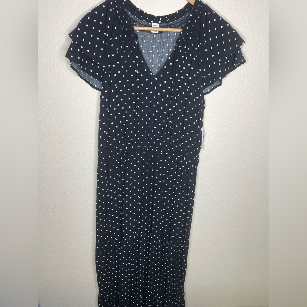 NWT Old Navy Women’s V Neck Maxi Dress Polka Dot Black Flutter Sleeve Medium